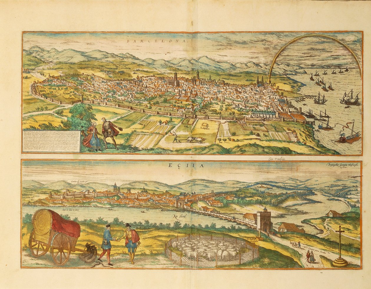 Mapa de Barcelona e Ecija de Civitates Orbis Terrarum, de Georg Braun de Franz Hogenberg