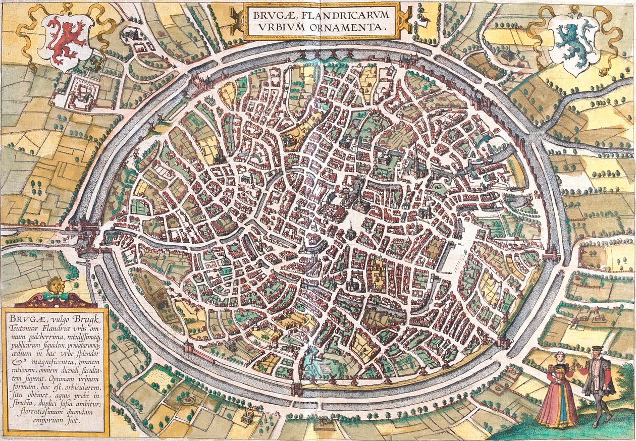 Mapa de Bruges (Brugae), Bélgica (gravura de Franz Hogenberg