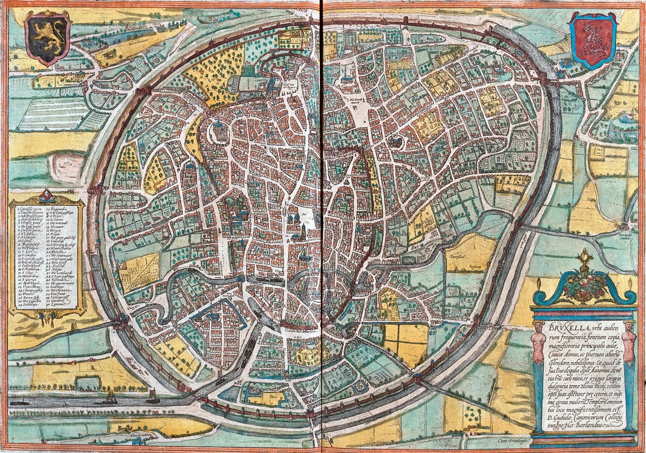 Mapa de Bruxelles (Bruxella), Bélgica (gravura de Franz Hogenberg