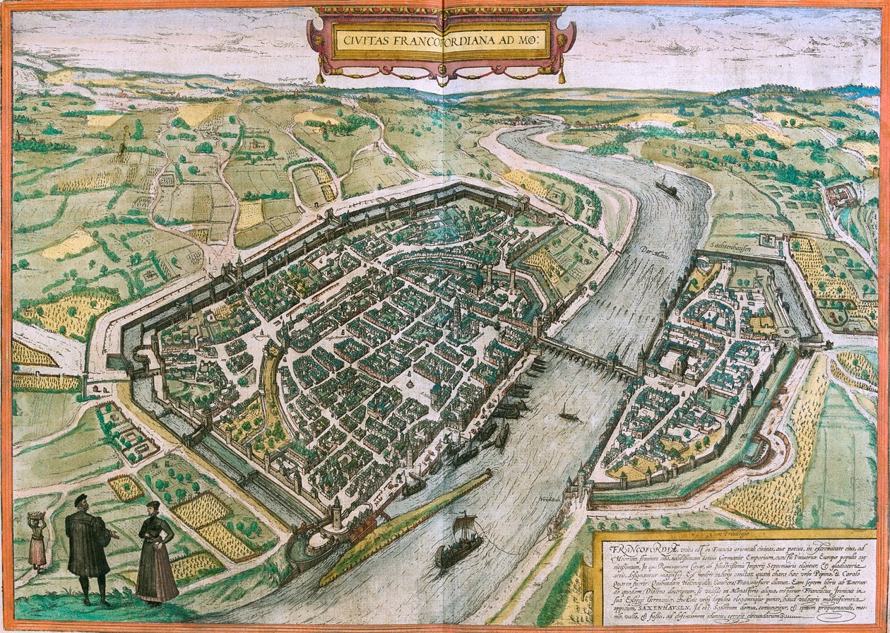 Mapa de Frankfurt (Francofordia), Alemanha (gravura de Franz Hogenberg