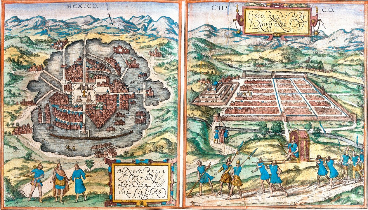Mapa do México (México) e Cusco (Cusco) (Peru) (gravura de Franz Hogenberg