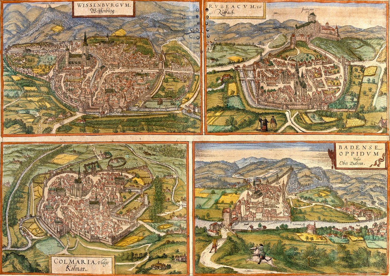 Mapa de Weissenburg (Wissenburgum) na Alemanha, Rouffach (Rubeacum) e Colmar (Colmaria) na França e Baden na Suíça (gravura de Franz Hogenberg