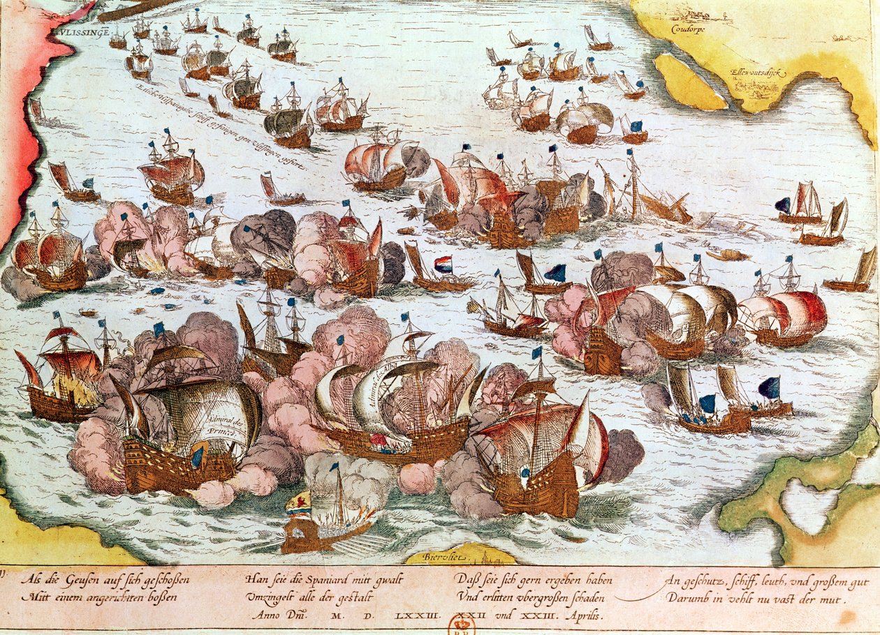 Combate naval entre os mendigos do mar e os espanhóis em 1573 de Franz Hogenberg