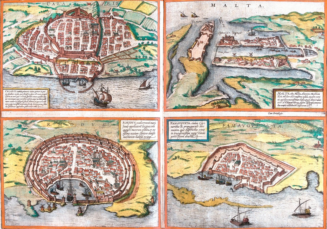 Plano de Cagliari (Calaris), Sardenha (Itália), Malta (Malta), Rodes (Rodus) e Famagusta (Famaugusta), Chipre (gravura de Franz Hogenberg