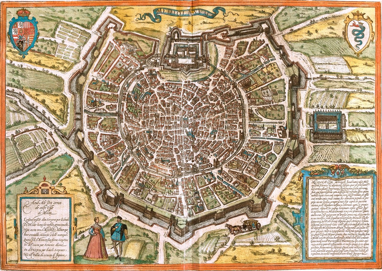 Plano de Milão (Mediolanum), Itália (gravura de Franz Hogenberg