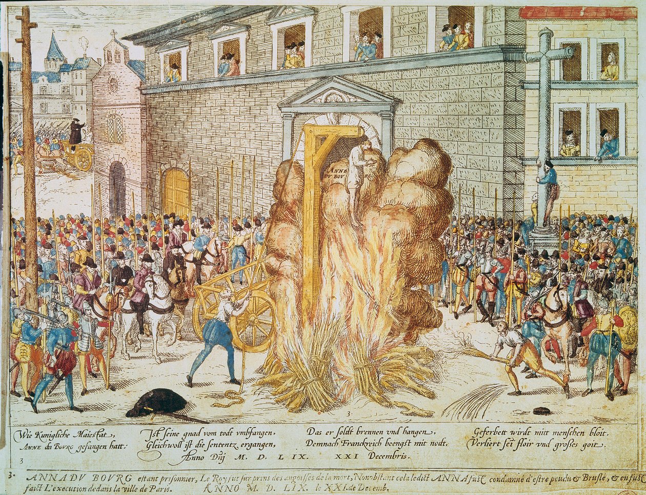 Guerra religiosa: execução da magistrada protestante francesa Anne du Bourg (1521-1559) em 23/12/1559 na Place de Greve em Paris". de Franz Hogenberg