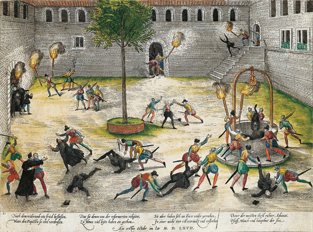 Retaliação por Reforma contra os eclesiásticos de Nimes, outubro de 1567, gravura de Franz Hogenberg (1535 a 1590), Guerras de Religião, França de Franz Hogenberg
