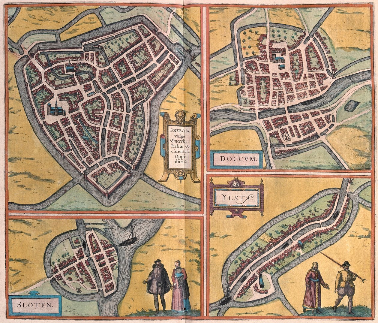 Sneek, Dokkum, Sloten, Ijlst, Holanda (gravura de Franz Hogenberg