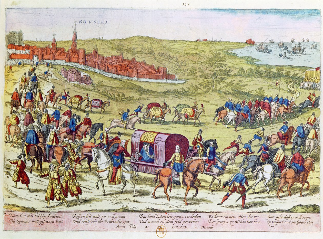 O duque de Alba, recordou a Espanha, deixando Bruxelas, 1573 de Franz Hogenberg