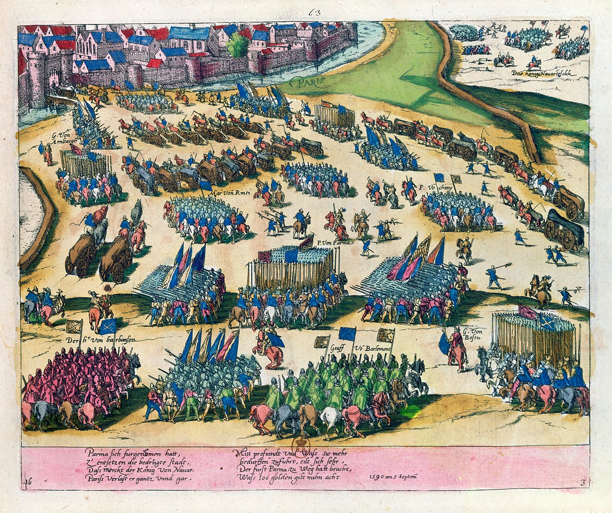O duque de Parma alivia Paris de cerco pelas forças de Henri IV em 1590 de Franz Hogenberg