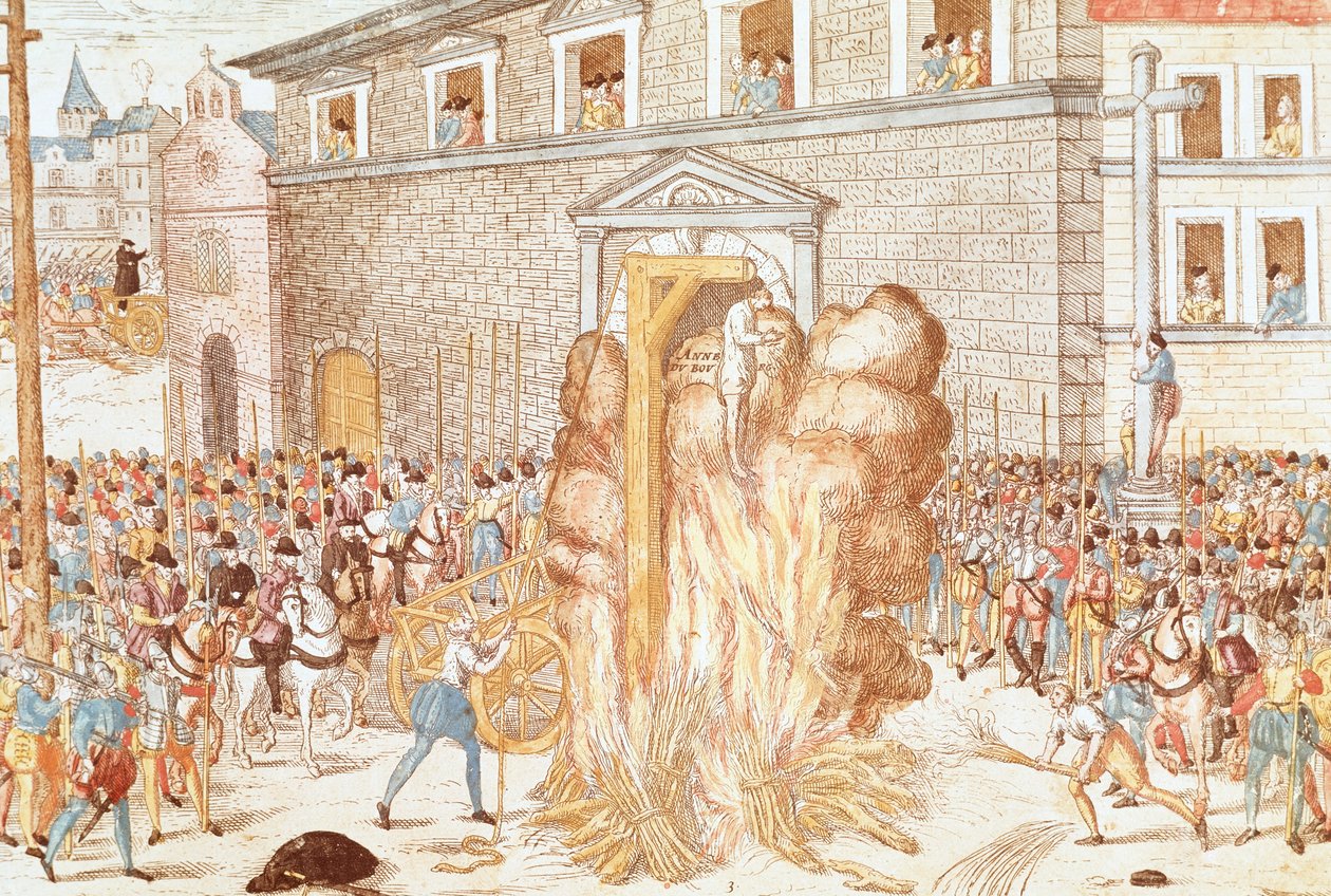 A execução da magistrada Anne du Bourg condenada a enforcamento seguida da queima do cadáver, 23 de dezembro de Franz Hogenberg