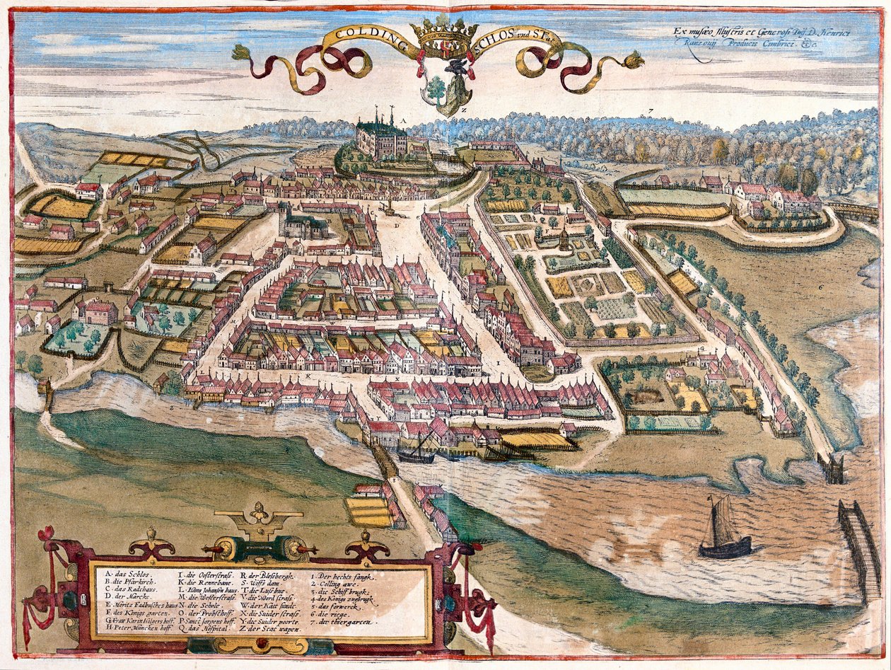 O porto de Kolding na Península da Jutlândia, Dinamarca (gravura de Franz Hogenberg