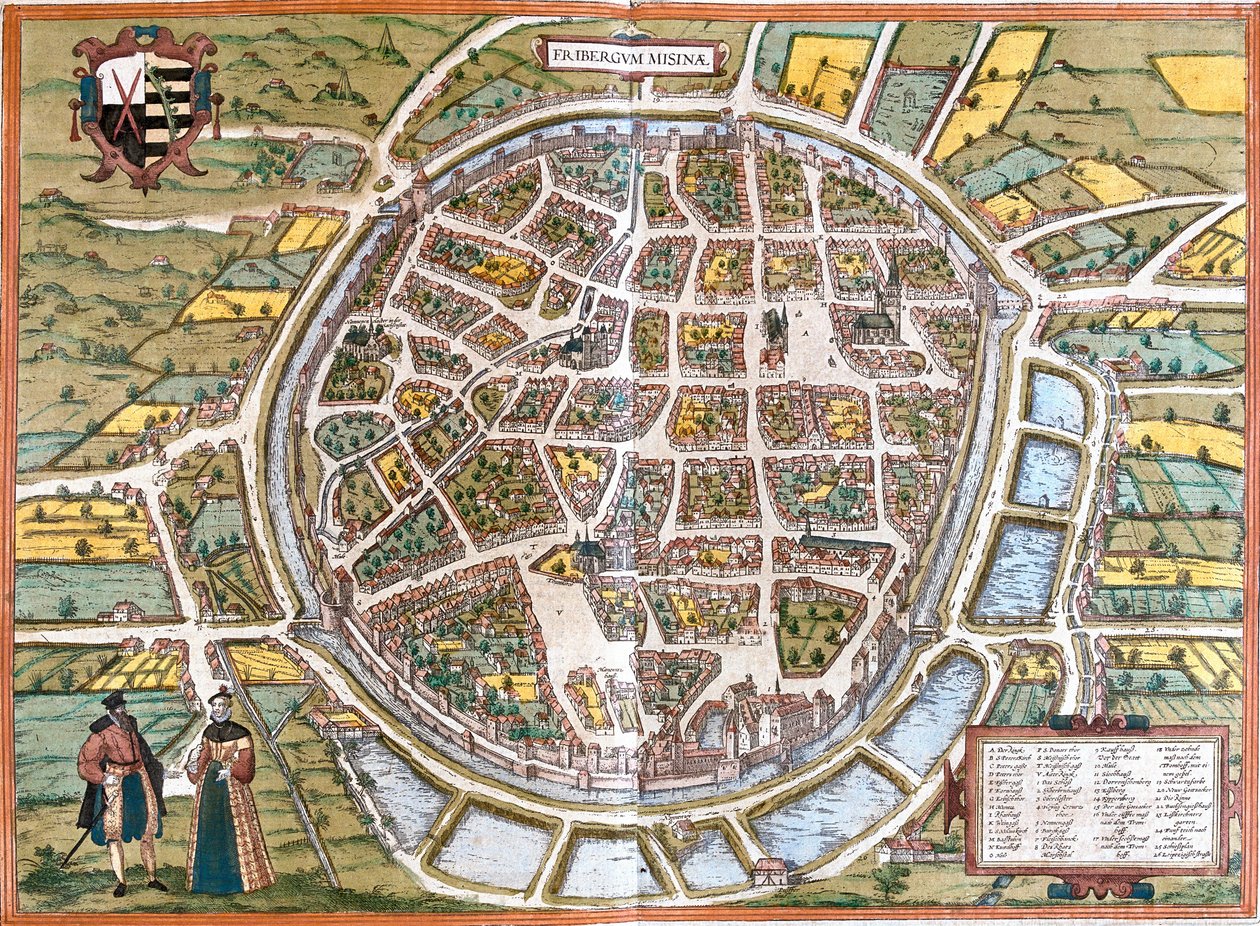 Mapa da cidade de Freiberg (Fribergum Misinae), Alemanha (gravura de Franz Hogenberg