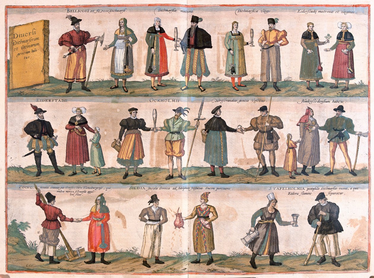 Vários trajes de Dithmarschen e dos arredores, Alemanha (gravura de Franz Hogenberg