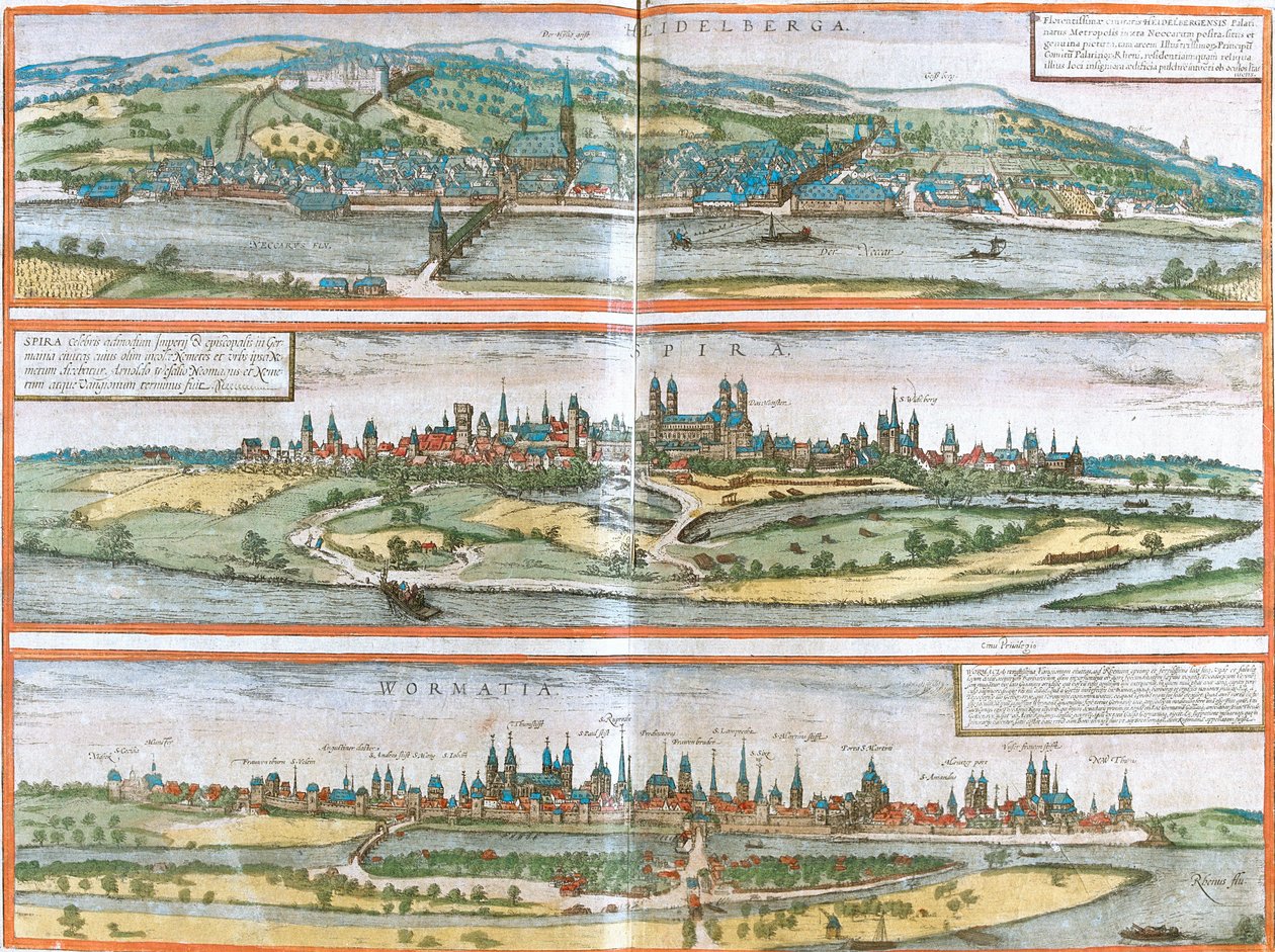 Vista de Heidelberg (Heidelberga), Spire (Spira) e Worms (Wormatia), Alemanha (gravura de Franz Hogenberg