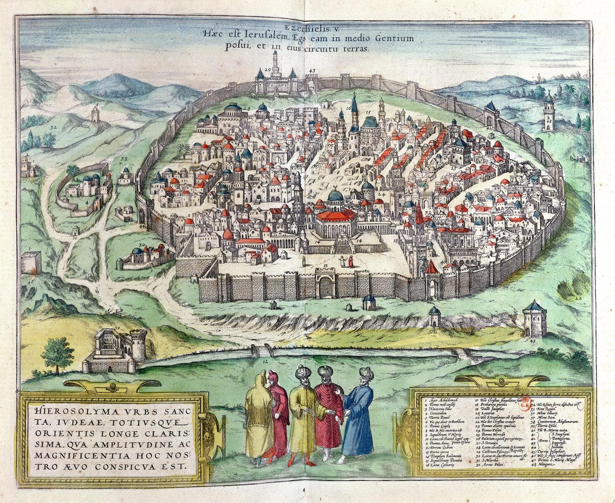 Vista de Jerusalém, do Atlas &39;Le Theatre des Cites du Monde&39; por Georg Braun, publicado em Colônia, 1599 (gravura a cores) de Franz Hogenberg