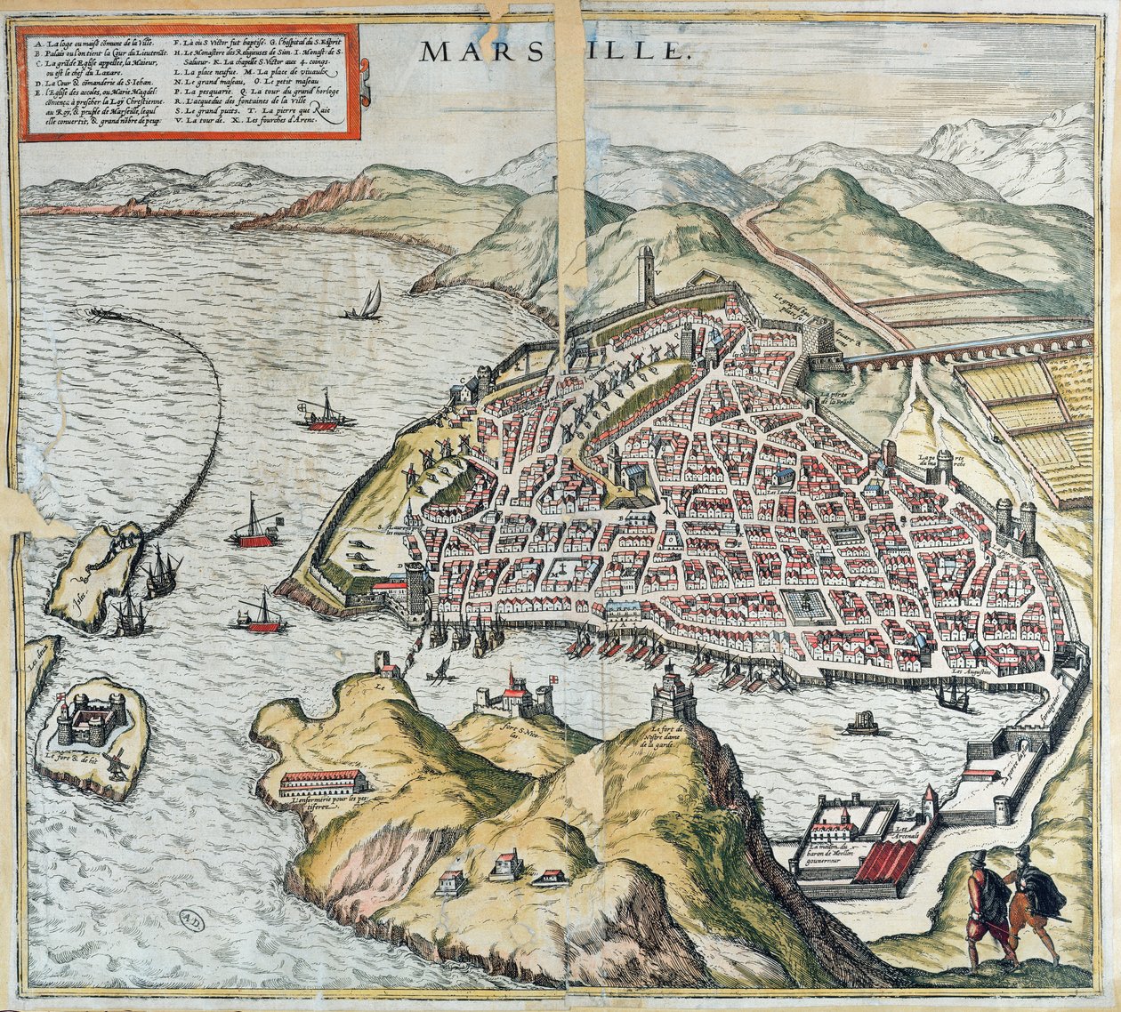 Vista de Marselha no século 16, mostrando o hospital de leprosos no canto inferior esquerdo, de &39;Le Théâtre du Monde&39; por Georg Braun, 1599 de Franz Hogenberg
