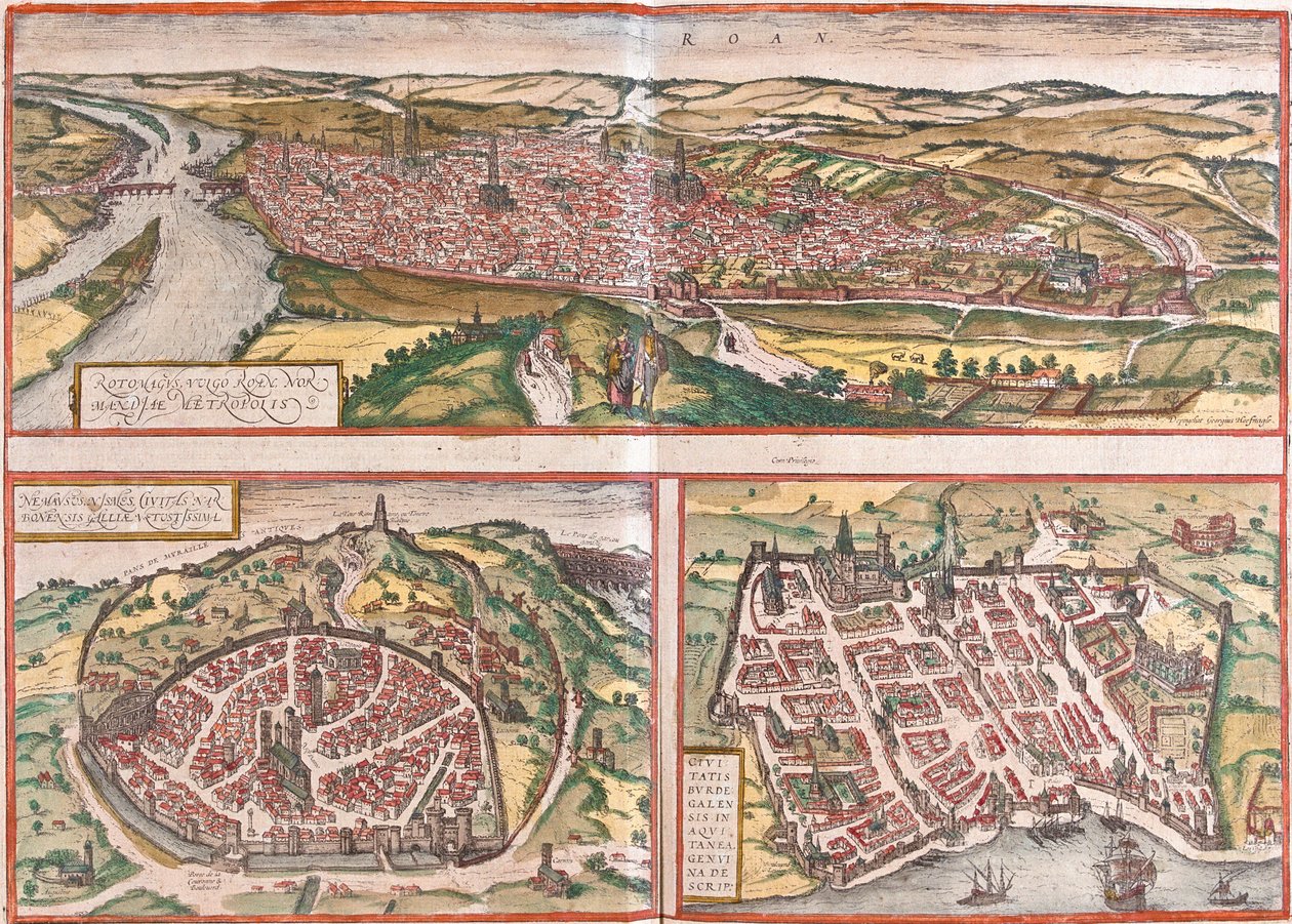 Vista de Rouen (Rotomagus), Nimes (Nemausus) e Bordeaux (Burdigala), França (gravura de Franz Hogenberg