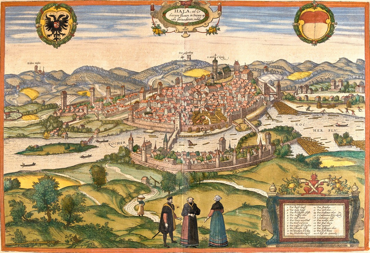 Vista do Schwabisch Hall (Hala), Alemanha (gravura de Franz Hogenberg