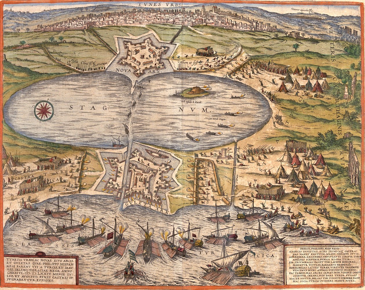 Vista de Tunes (Tunes), Tunísia, com a fortaleza de Goulette (Guleta Arx) que controla o acesso ao Lago Tunis e a nova fortaleza (nova arx) em frente às muralhas da cidade (gravura de Franz Hogenberg
