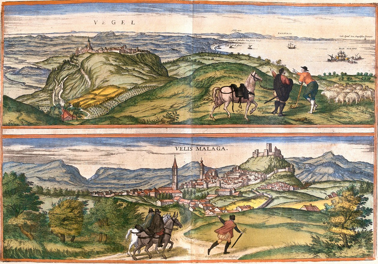 Vista de Vejer de la Frontera (Vegel) e Velez Malaga (Velis Malaga), Espanha (gravura de Franz Hogenberg