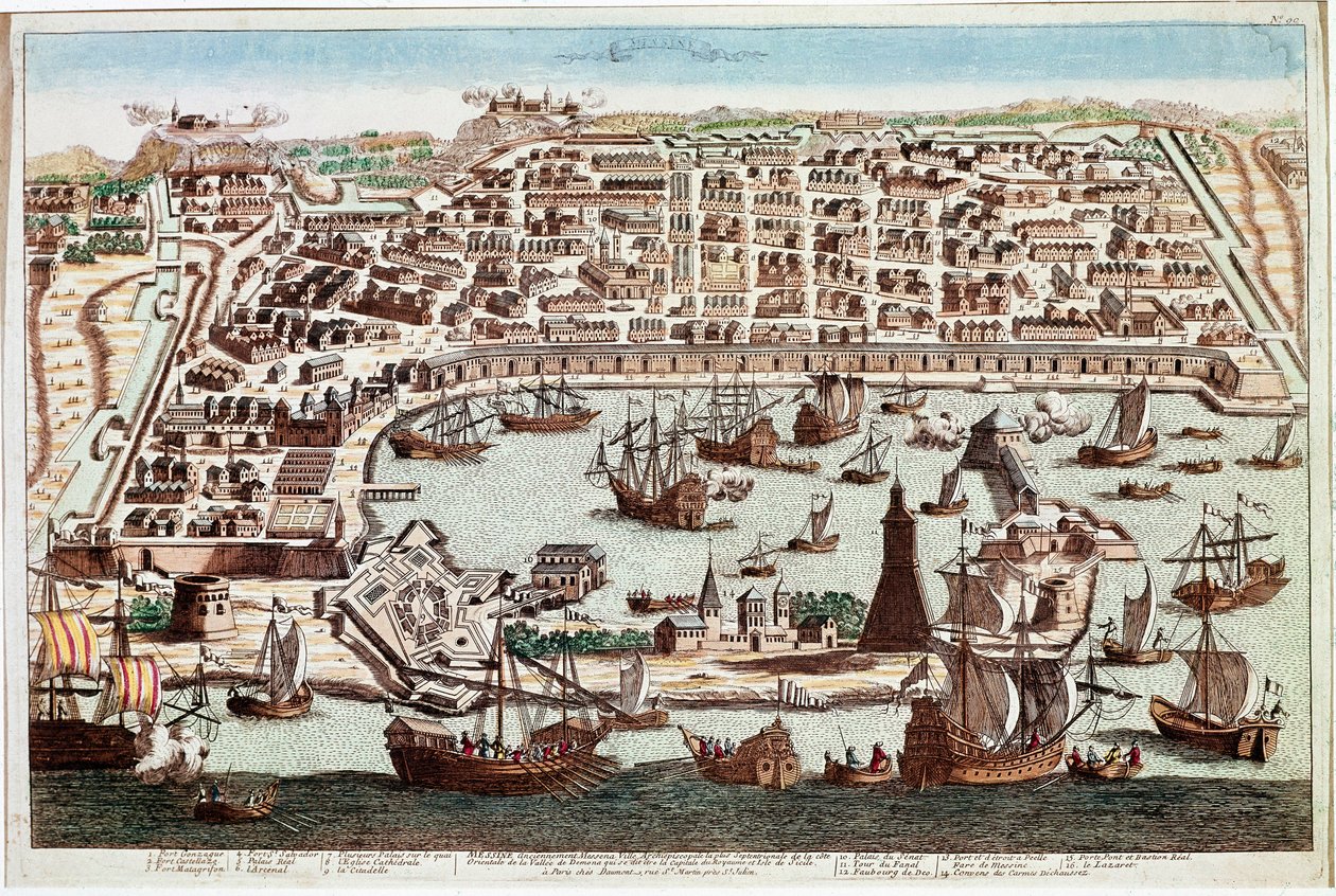 Vista da cidade de Messina na Sicília - Gravura de Franz Hogenberg (1535-1590) de "Civitatis Orbis Terranum" de Braun e Hogenberg - 1594 (Vista da cidade de Messina na Sicília - Gravura de Franz Hogenberg (1535-1590) de "Civitatis Hobis Terranum de Franz Hogenberg