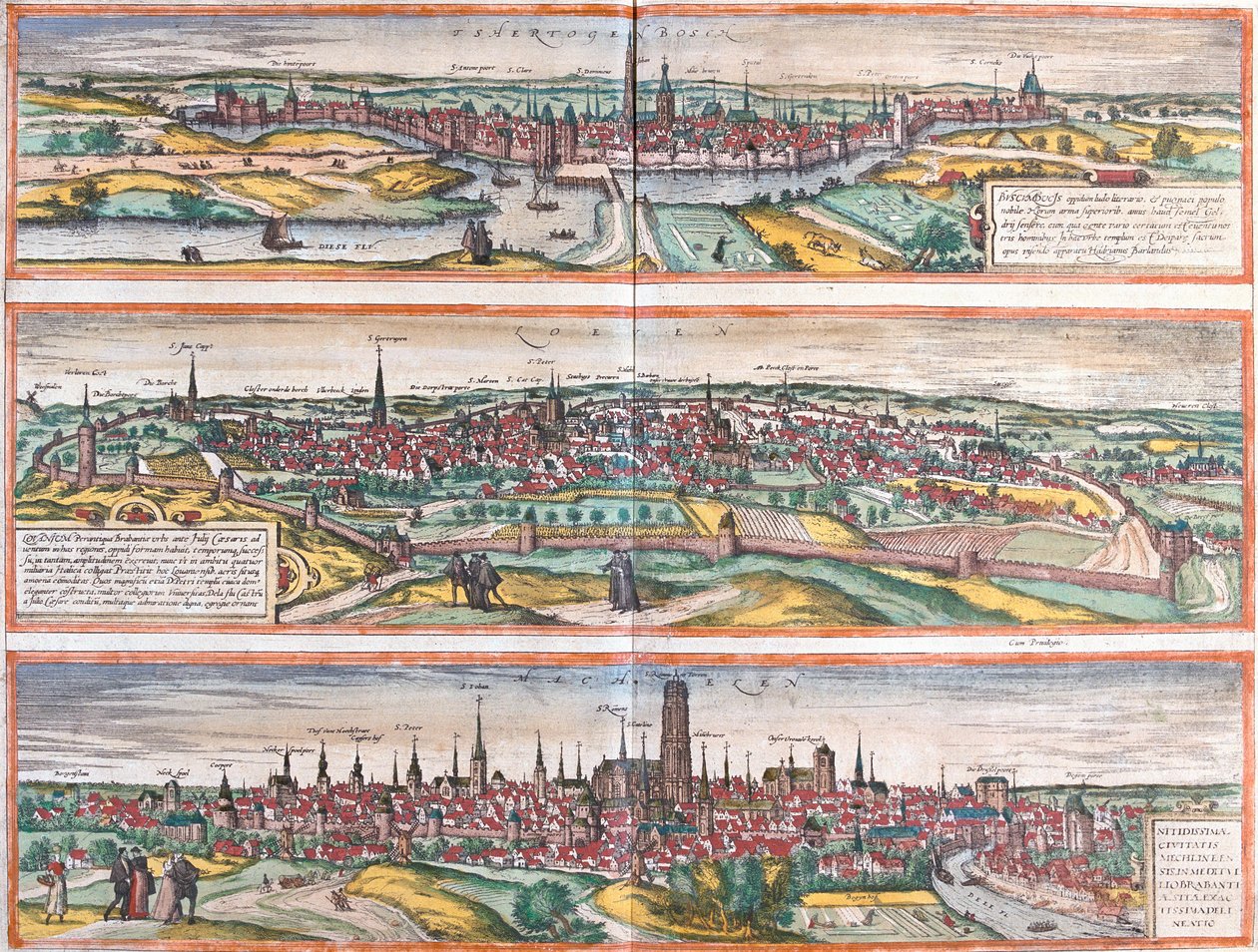 Vistas de Bois le Duc (Buscumducis), na Holanda, Leuven (Lovanium) e Machelen (Mechlineen), na Bélgica (gravura de Franz Hogenberg