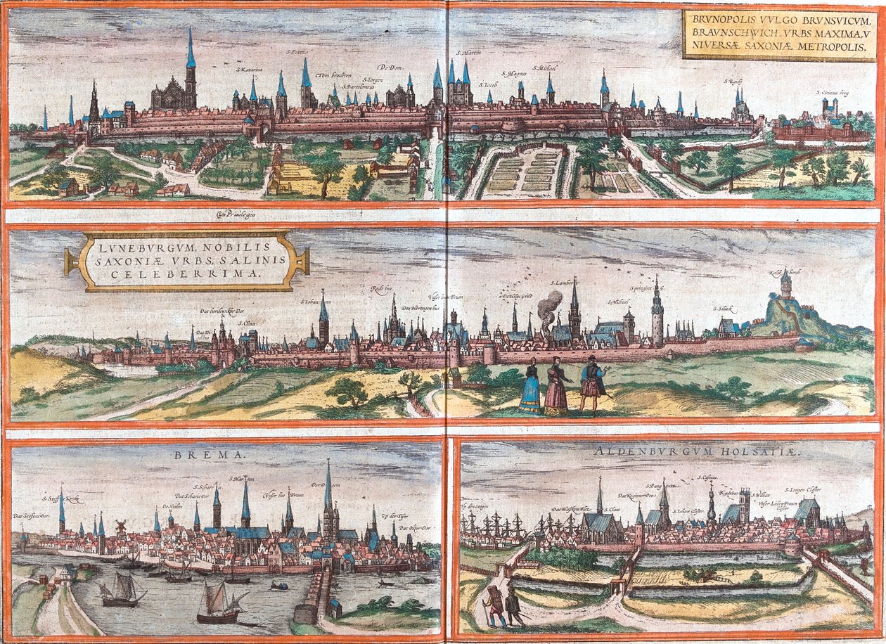 Vistas de Brunswick (Brusvicum), Lüneburg (Loneburgum), Breme (Brema) e Oldenburg (Aldenburgum), Alemanha (gravura de Franz Hogenberg