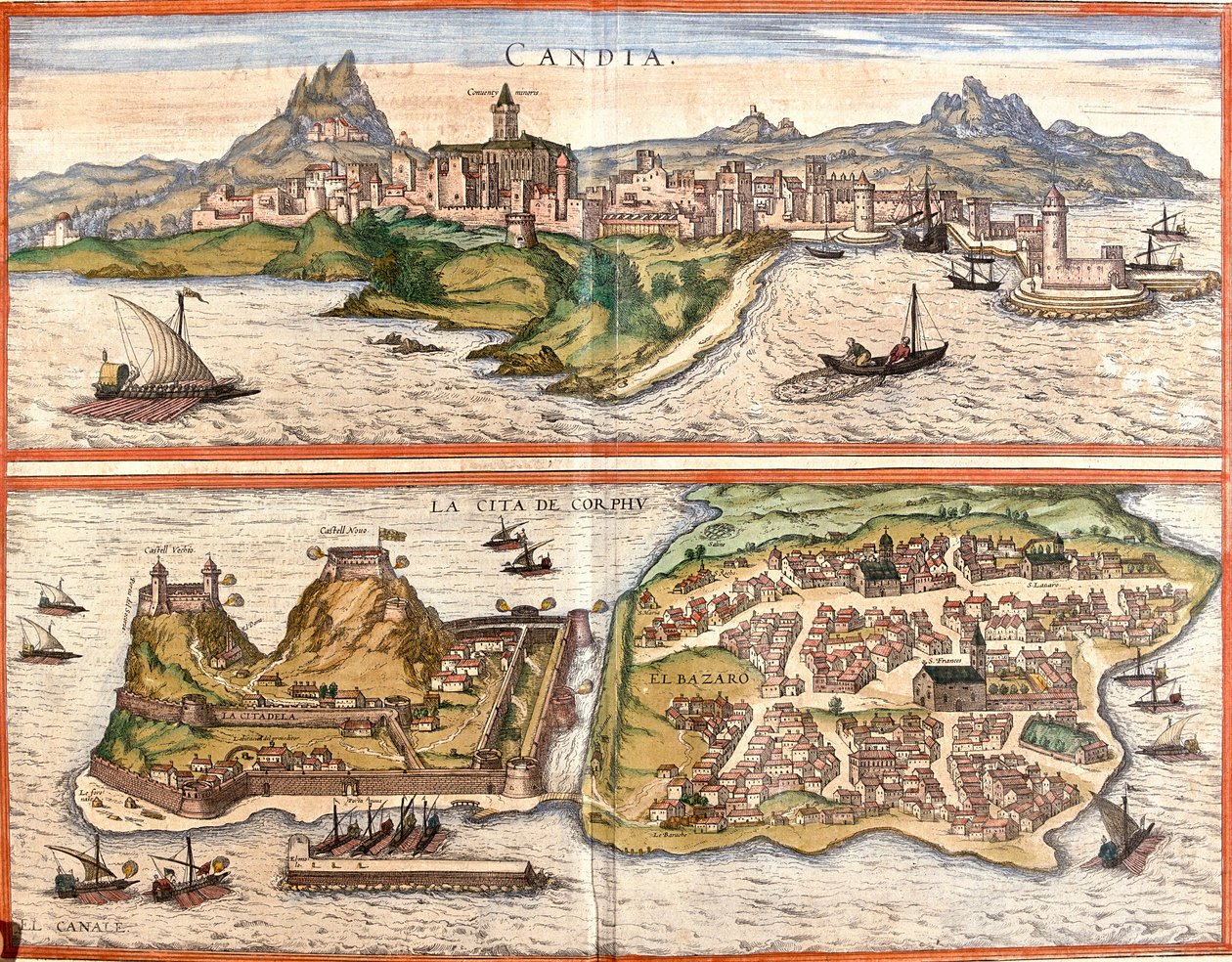 Vistas da Cândia (Candia), actual Heraklion na ilha de Creta e Corfu ou Corcyra (Corphu), ilha grega (gravura de Franz Hogenberg