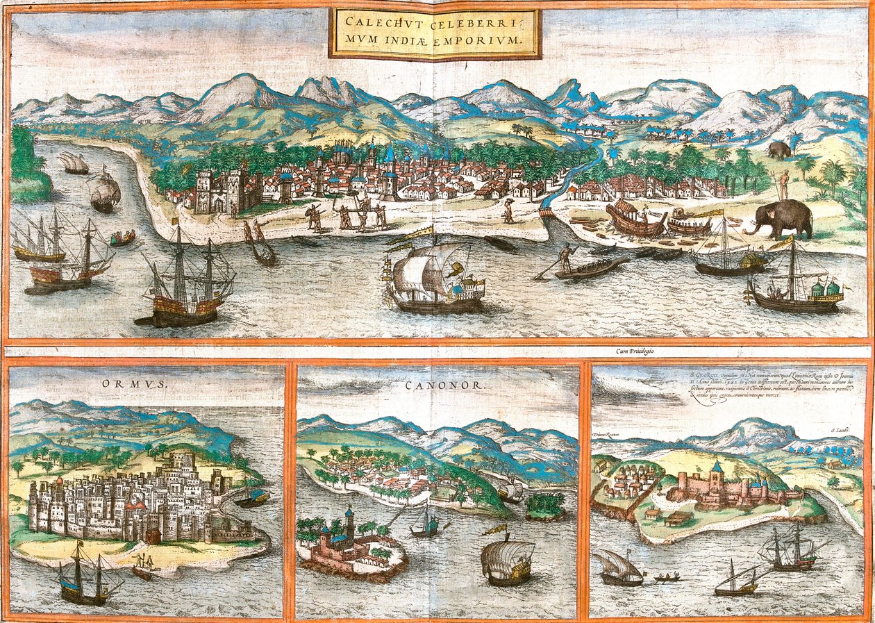 Vistas de Kozhikode ou Calicut (Calichut) (Índia), Ormuz (Ormus) (Irão), Cannanore ou Kannur (Canonor) (Índia) e São Jorge da mina (S. Georgii) ou Elmina (Gana) (gravura de Franz Hogenberg