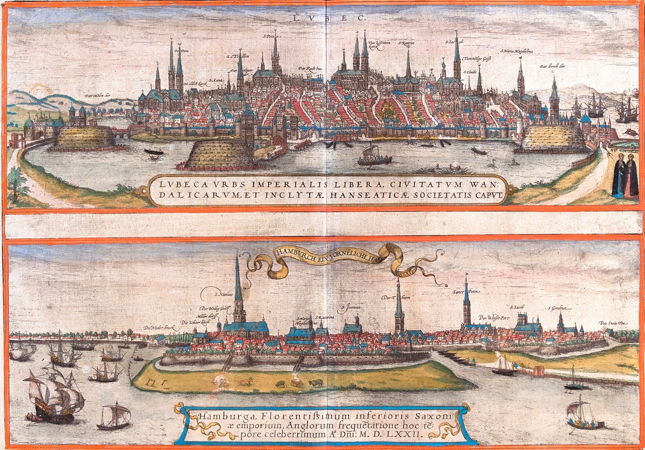 Vistas de Lubeck (Lubeca) e Hamburgo (Hamburga), Alemanha (gravura de Franz Hogenberg