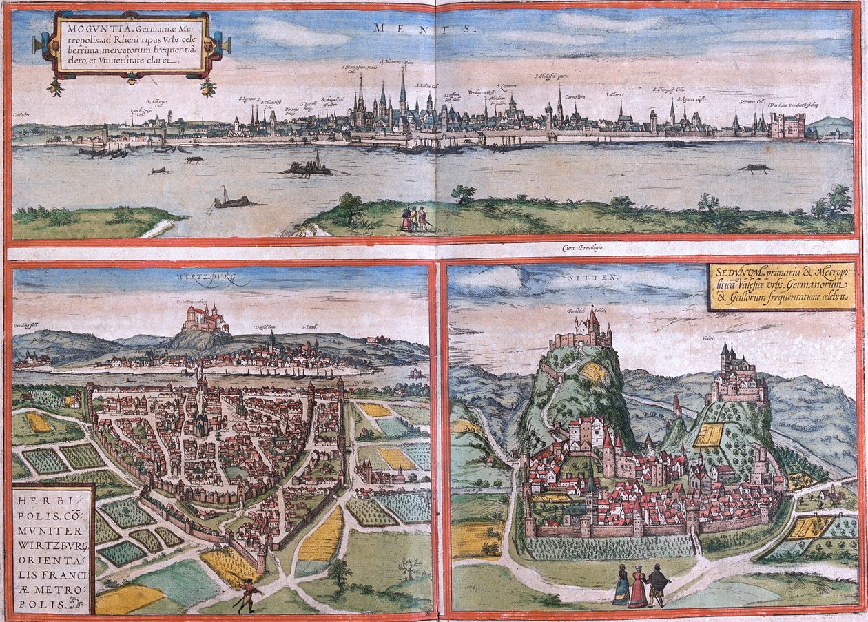 Vistas de Mainz (Moguntia), Würzburg, Alemanha e Sion (Sedunum) na Suíça (gravura de Franz Hogenberg