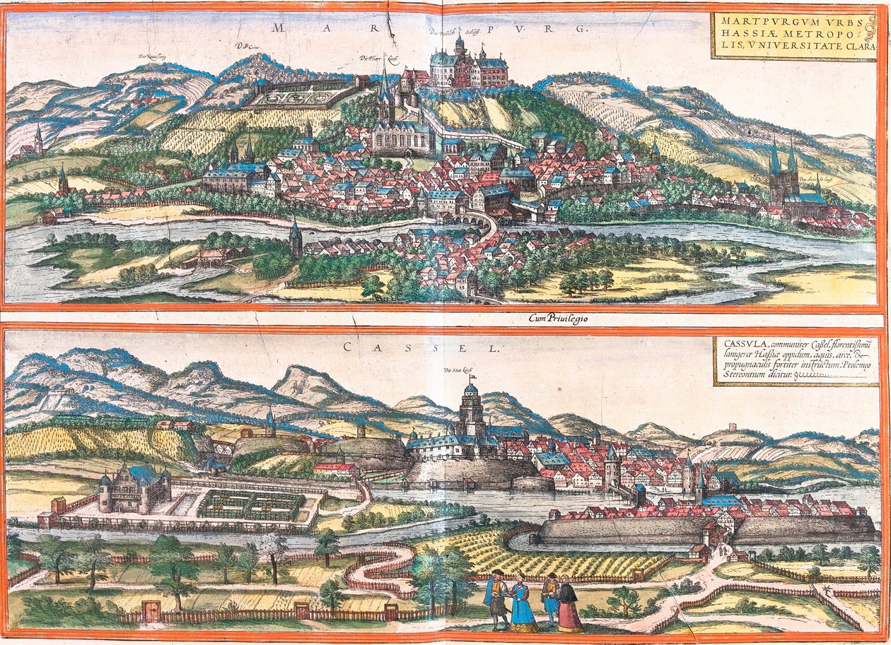Vistas de Marburg (Martpurgum) e Cassel (Cassila), Alemanha (gravura de Franz Hogenberg