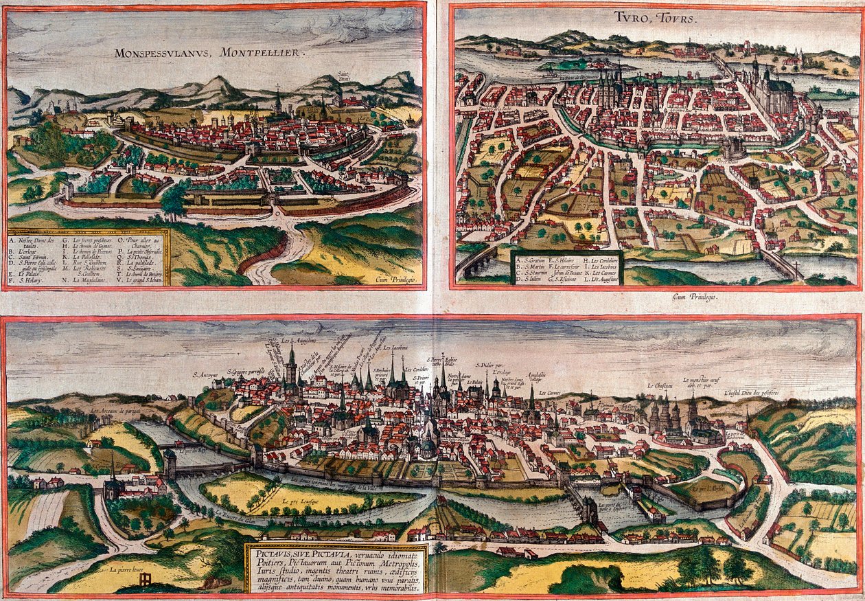 Vistas de Montpellier (Monspessulanus), Tours (Turo) e Poitiers (Pictavis), França (gravura de Franz Hogenberg