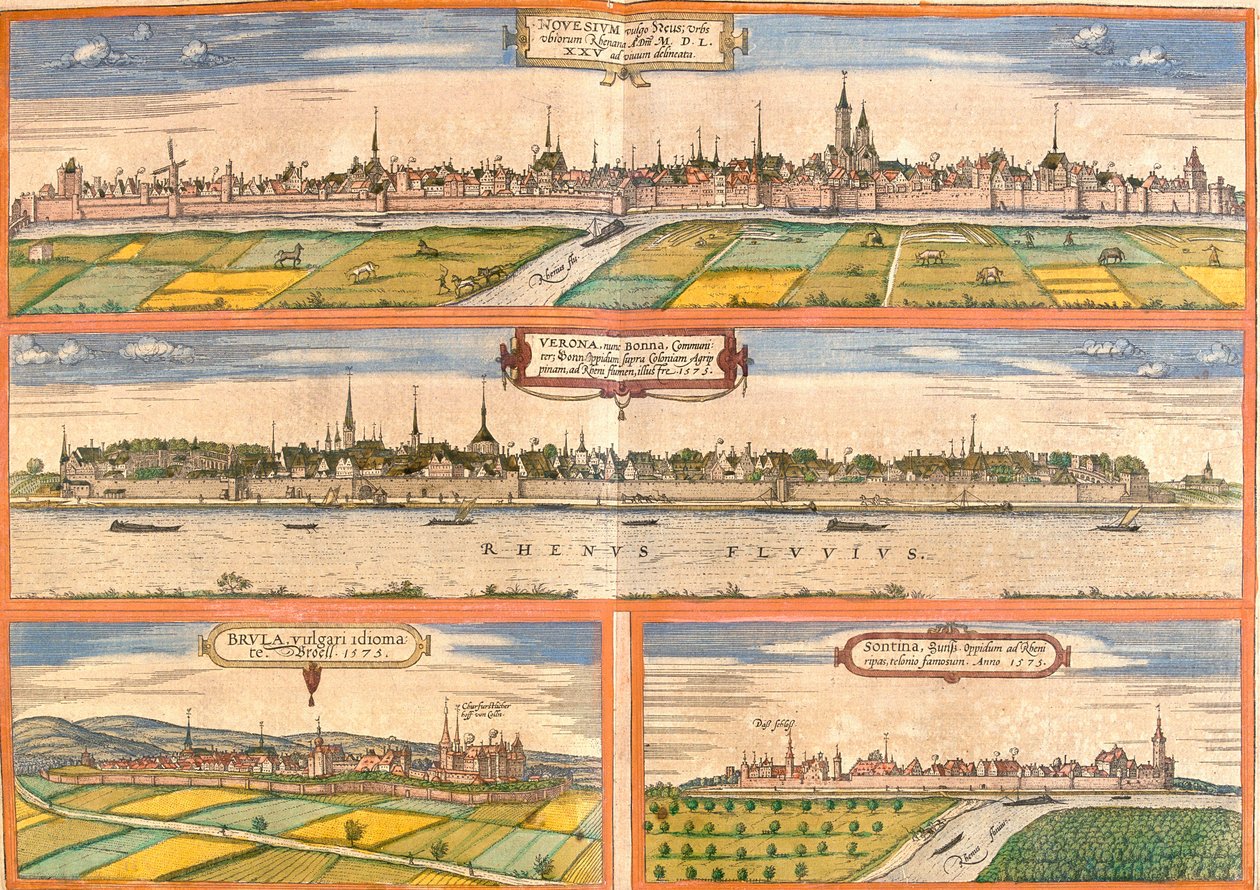 Vistas de Neuss (Novesium), Bonn (Verona), Bruhl (Brula) e Zons (Sontina), Alemanha (gravura de Franz Hogenberg