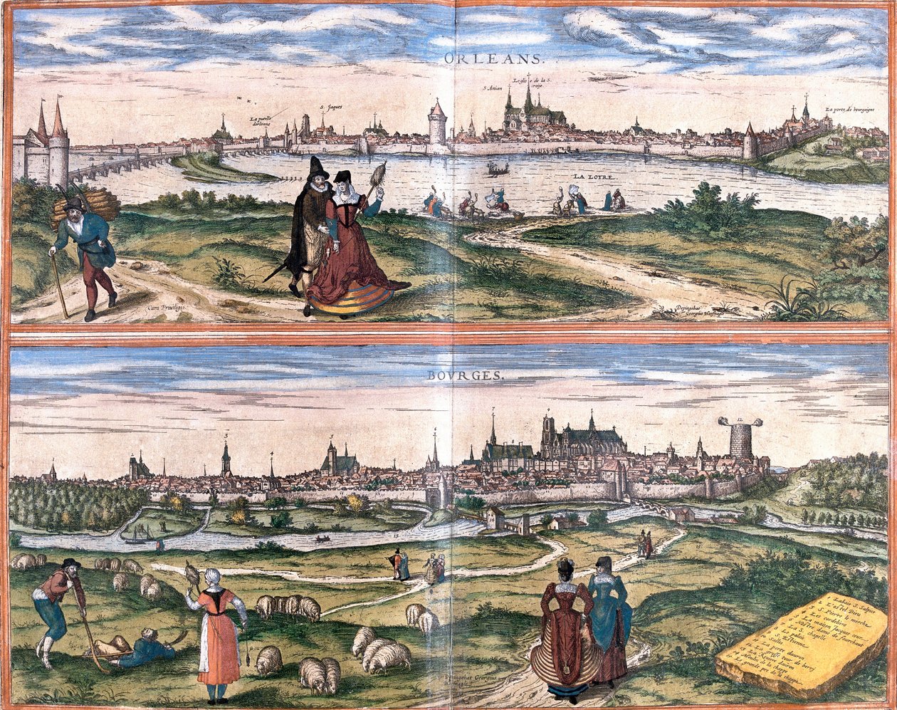 Vistas de Orleans et Bourges, França (gravura de Franz Hogenberg