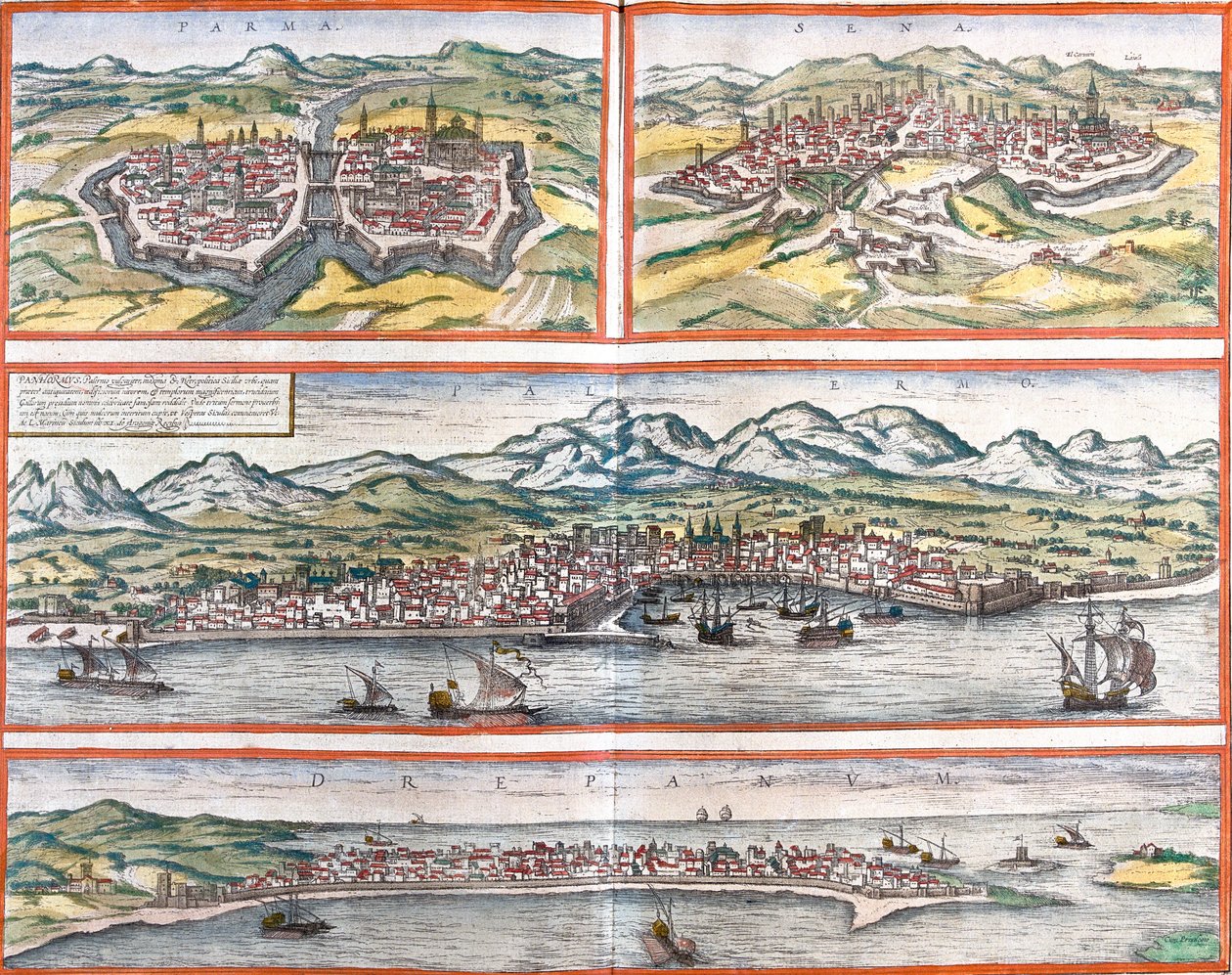 Vistas de Parma (Parma), Siena (Sena), Palermo (Panhormus) e Trapani (Drepanum) (Sicília), Itália (gravura de Franz Hogenberg