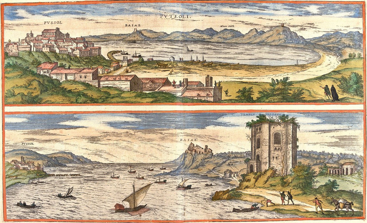 Vista de Pozzoli (Puteoli) e Baías (Baiae) (Baia actual), Itália, com os antigos restos dos banhos térmicos do Golfo de Nápoles e uma fortaleza (gravura de Franz Hogenberg
