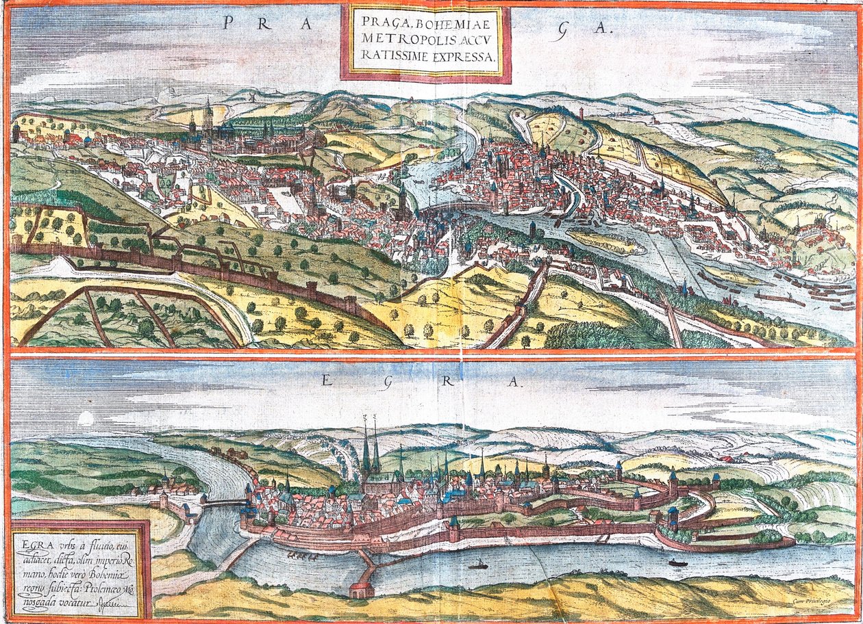 Vistas de Praga (Praga) e Egra, República Checa (gravura de Franz Hogenberg
