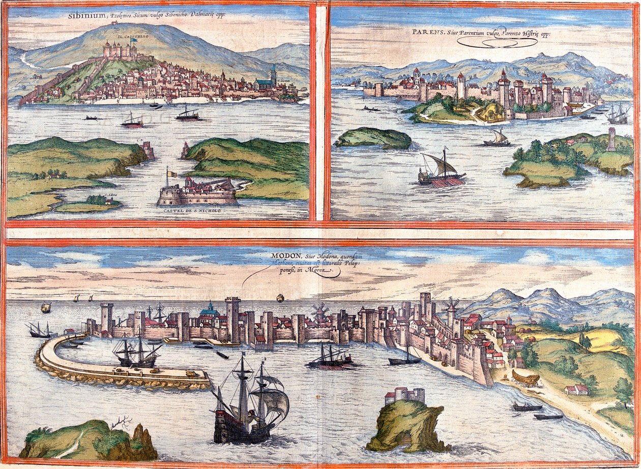 Vistas de Sibenik (Sibinium, Sibenicho), Porec (Parens, Parentium), Croácia e Modon (Modona), Grécia (gravura de Franz Hogenberg
