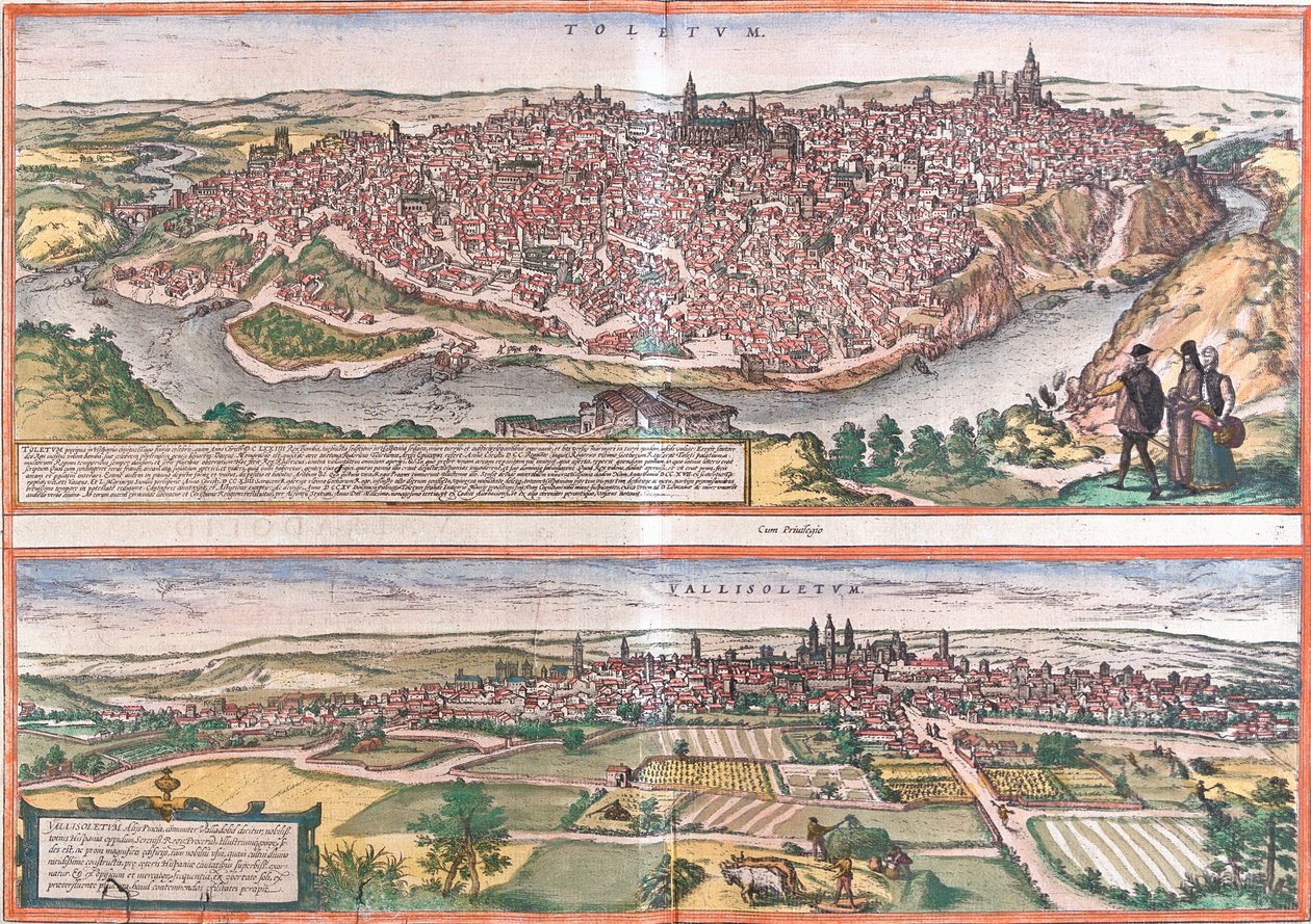 Vistas de Toledo e Valladolid (Vallisoletum), Espanha (gravura de Franz Hogenberg