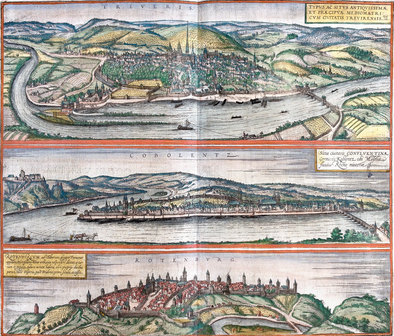 Vistas de Treves (Treveris), Koblenz (Coboletz) e Rothenburg (Rotenburgum), Alemanha (gravura de Franz Hogenberg