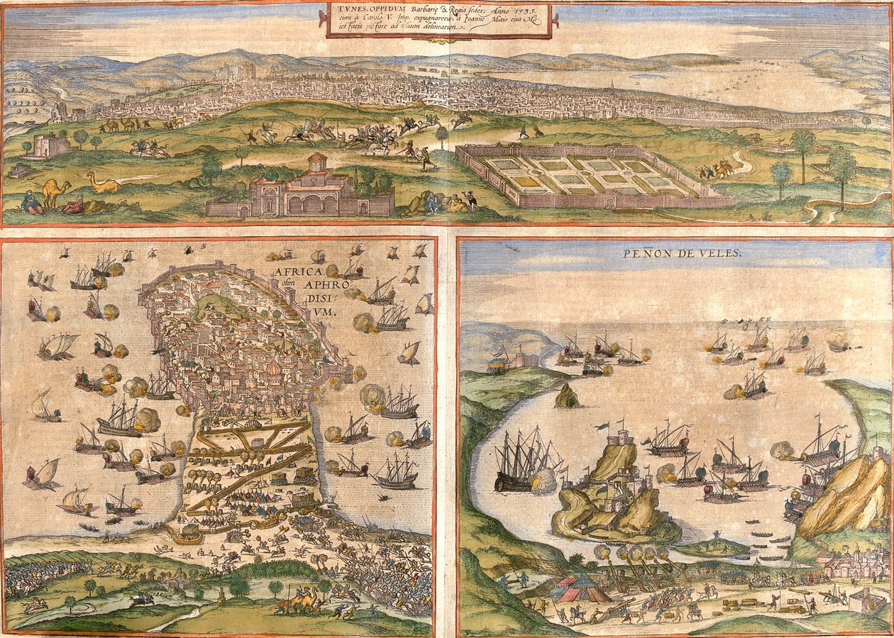 Vistas de Tunis (Tunes) e Mahdia (Afrodisium) na Tunísia, e Penon de Velez de la Gomera ou Badis (Bades) (Penon de Veles), penon de Veles, disputadas entre Espanha e Marrocos (gravura de Franz Hogenberg