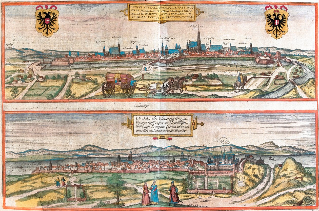 Vistas de Viena (Viena), Áustria e Budapeste (Buda), Hungria (gravura de Franz Hogenberg