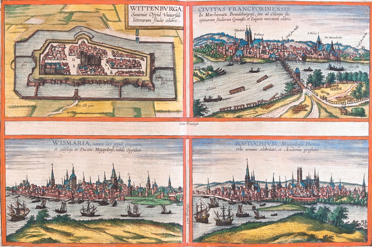 Vistas de Wittenburg (Wittenburga), Frankfurt (Francfordiensis), Wismar (Wismaria) e Rostock (Rostochium), Alemanha (gravura de Franz Hogenberg