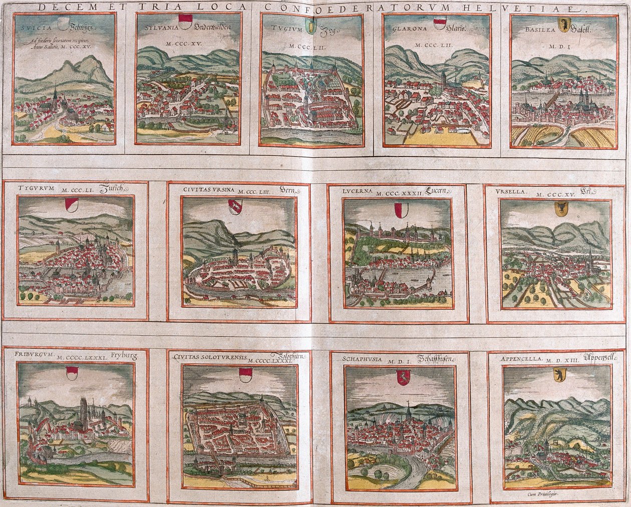 Vistas das principais cidades da Confederação Suíça: Schwytz (Svicia), Zug (Tugium), Glaris (Glarona), Bale (Basilea), Zurique (Tugurum), Berna (Ursina), Lucerna (Lucerna), Uri (Ursella), Fribourg (Frigurgum), Solothurn (Soloturensis), Schaffhausen (Schape de Franz Hogenberg