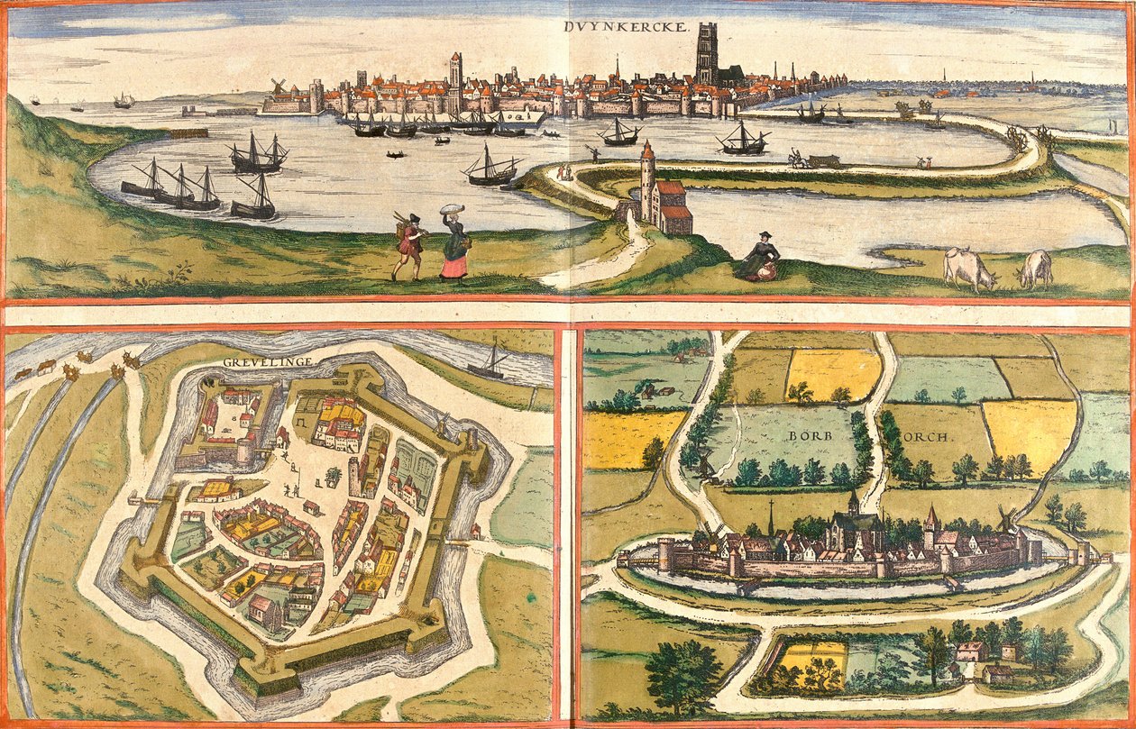 Vues de Dunkirk (Duynkercke), Gravelines (Grevelinge) e Bourbourg (Borborch), França (gravura de Franz Hogenberg
