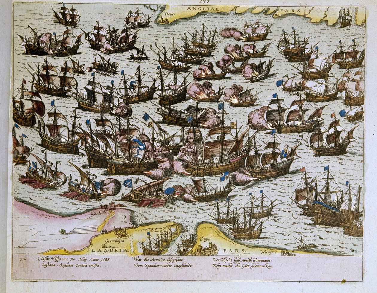 a derrota da invicível Armada espanhola pelas costas inglesas em 08/08/1588, ilustração de 1653 (gravura) de Franz Hogenberg