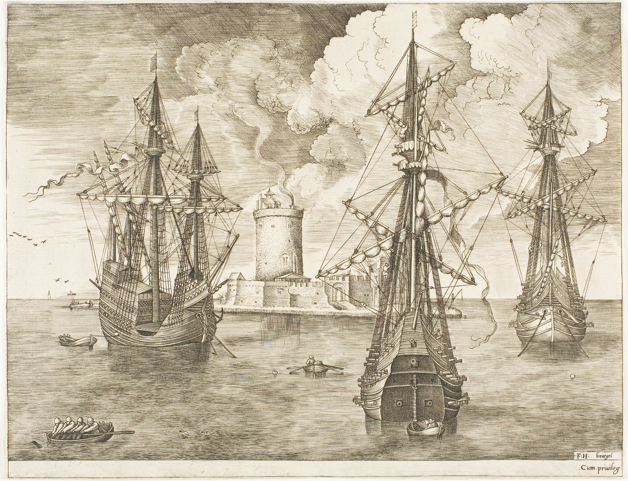 Quatro-mestres e dois-três-mestres ancorados perto de uma ilha fortificada com um farol, de The Sailing Vessels de Franz Huys