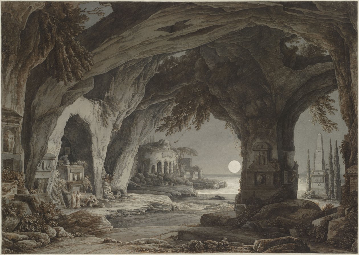 Paisagem ideal com gruta rochosa, túmulos e ruínas ao luar, c. 1790. de Franz Innocenz Josef Kobell